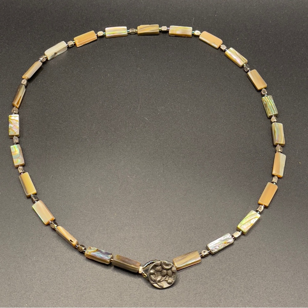 Vintage Artisan 18” Abalone & Bone Shell Necklace w/ Botanical Silver Clasp 🐚 - Picture 6 of 14